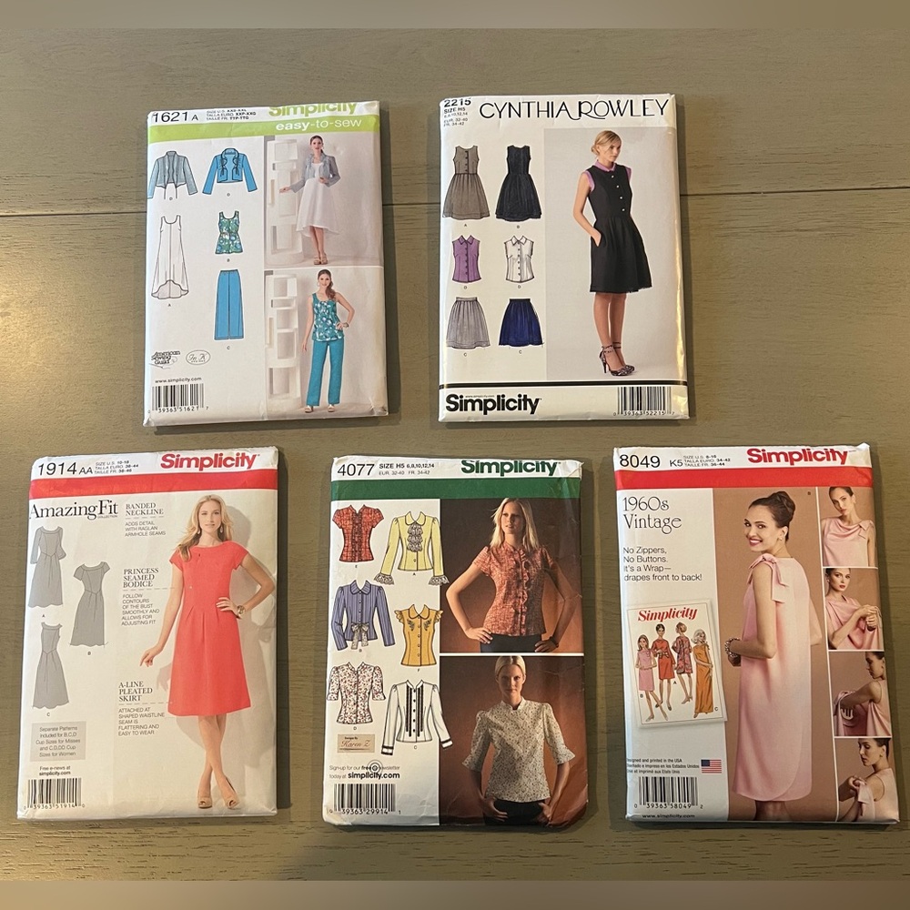 Simplicity Sewing‎ Pattern Bundle (5) Including 1914AA, 1621A, 4077, 8049, 2215